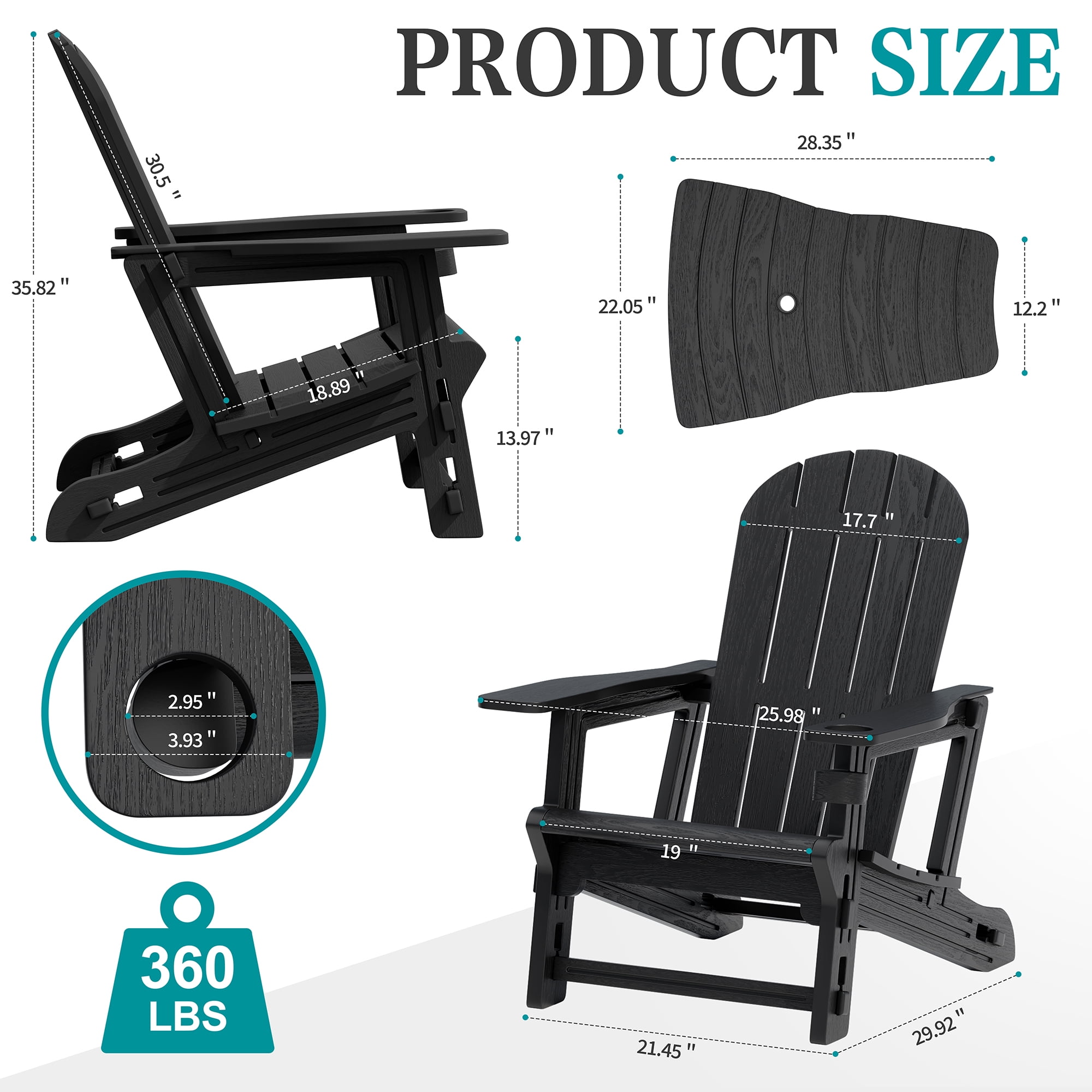 Walsunny Adirondack Chairs Set of 2 Fire Pit Chair Set with Connecting Tray Cup Holder Removable Tabletop,All-Weather HDPE Outdoor Chair Set for Patio Garden Lawn,Black