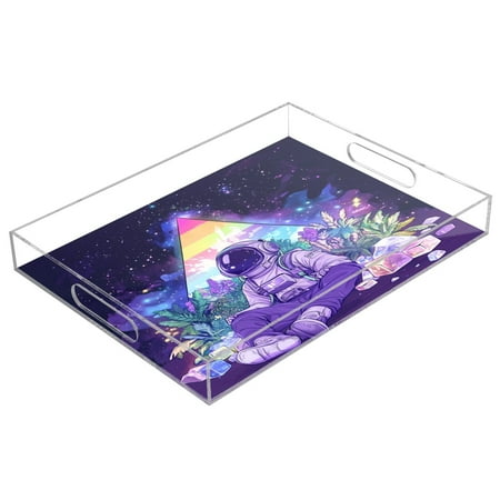

WOBOGO Acrylic Serving Trays 15.7x11.8 Inch Spill Proof Clear Decorative Organizer with Handle Astronauts Sitting in The Universe Garden