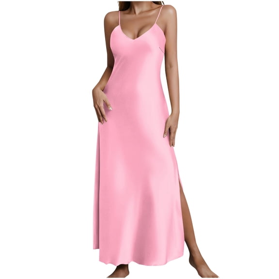 Women's Satin Long Nightgown Adjustable Spaghetti Strap Silky Sleepwear Dress Elegant V Neck Side Split Summer Pajama Dresses