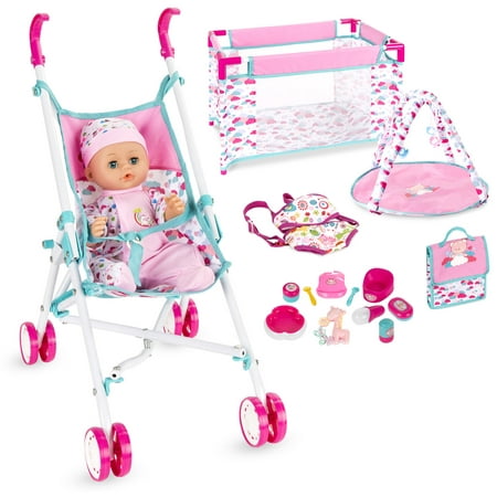 Best Choice Products Kids 15-Piece 13.5in Newborn Baby Doll Nursery Role Play Playset w/ Stroller, Cot, Bag,