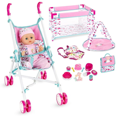 Best Choice Products Kids 15-Piece 13.5in Newborn Baby Doll Nursery Role Play Playset w/ Stroller  Cot  Bag  Accessories