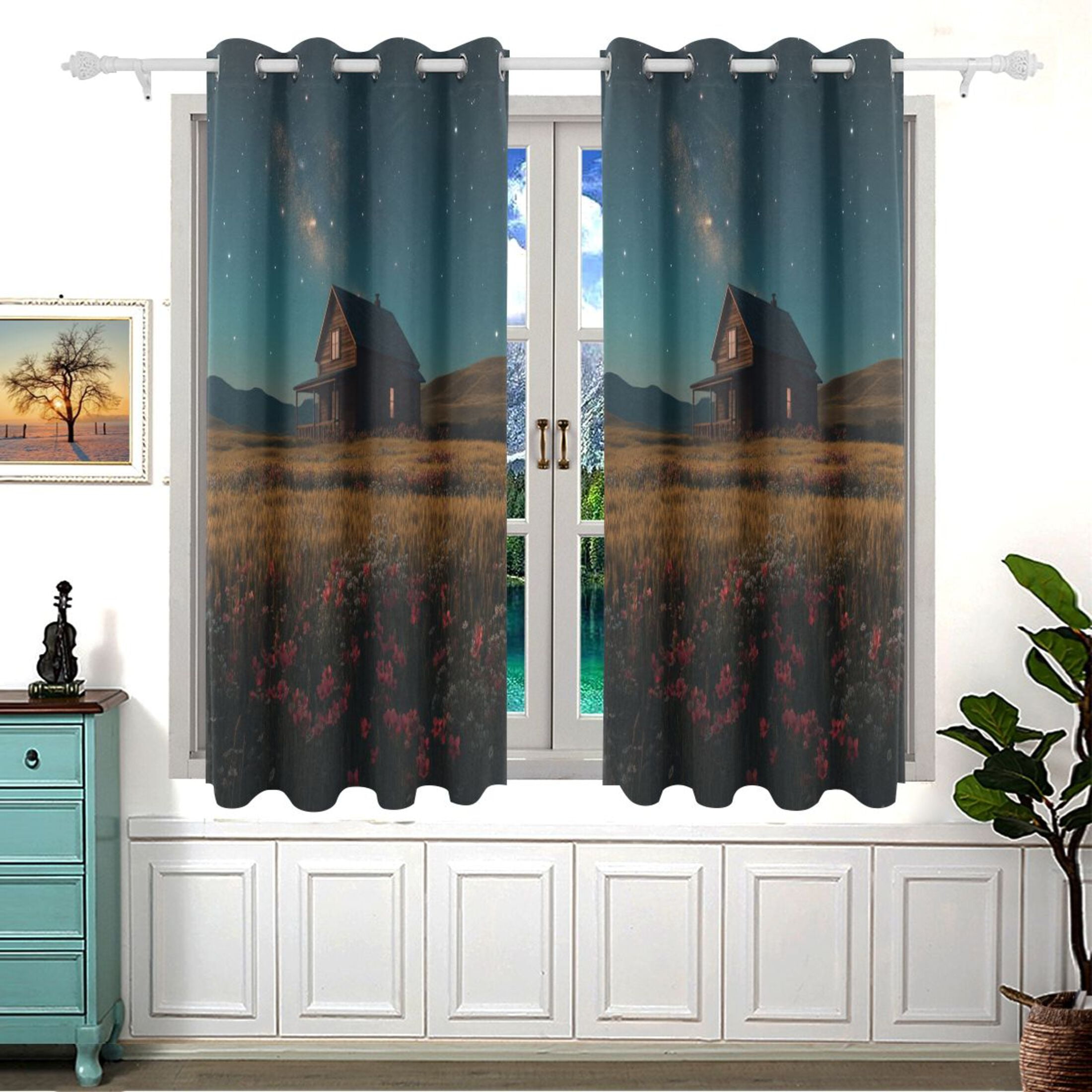 House under Starry Sky Blackout Curtains for Living Room Bedroom 55W x 54L Insulated Window Drapes 2 Panels