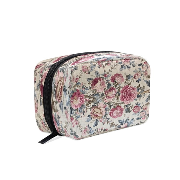BZSMCE Makeup and Cosmetic Bag Women Simple Vintage Floral Textile in Pastels Pattern Square Cosmetic Bag
