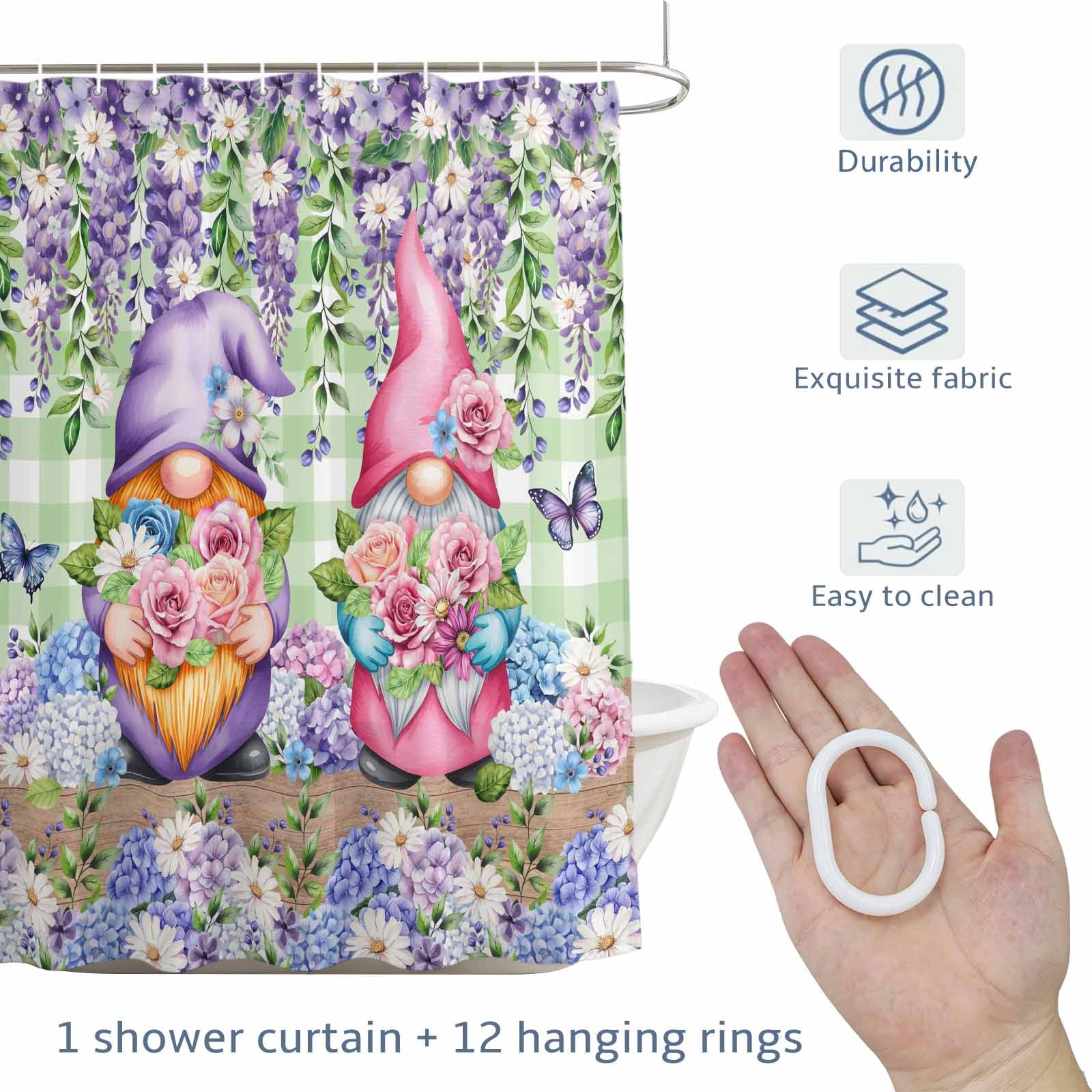Spring Gnomes Shower Curtain for Bathroom, Watercolor Purple Blue White Floral Leaf Green Plaid Wood Grain Waterproof Cloth Fabric Bathroom Accessories Set with 12 Rust Proof Plastic Hooks, 72"x72"