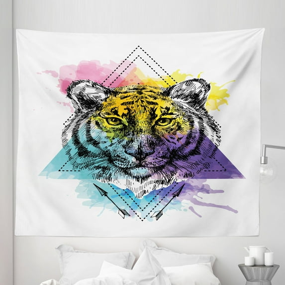 Psychedelic Cat Tapestry, Rainbow Colored Illustrated Tiger Face in Geometrical Shapes with Arrows, Fabric Wall Hanging Decor for Bedroom Living Room Dorm, 5 Sizes, Multicolor, by Ambesonne