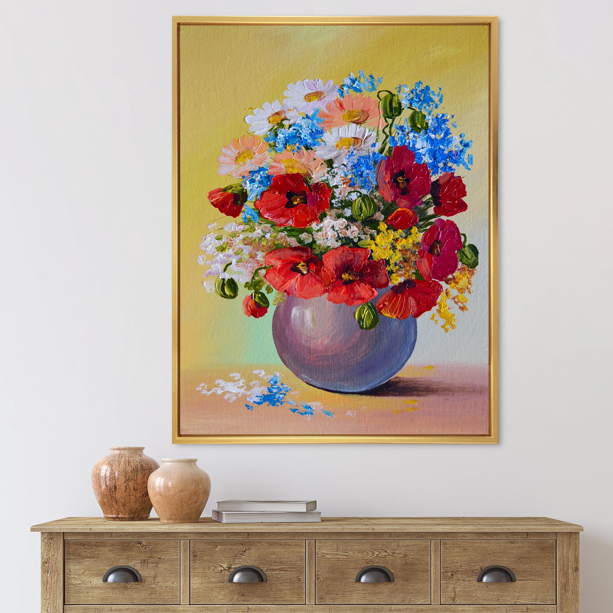 Still Life A Bouquet Of Blue and Red Flowers 12 in x 20 in Framed Painting Canvas Art Print, by Designart