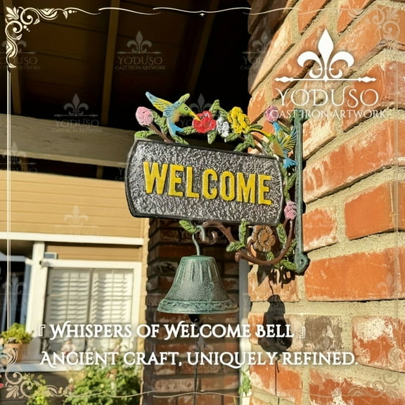 1PC Heavy Duty Cast Iron Wall Bell - Hand-Painted Hummingbird Welcome Bell, Manual Shake. Wall-Mounted Doorbell for Indoor/Outdoor, Garden/Home/Restaurant Decor (13.5"x11"x0.8")
