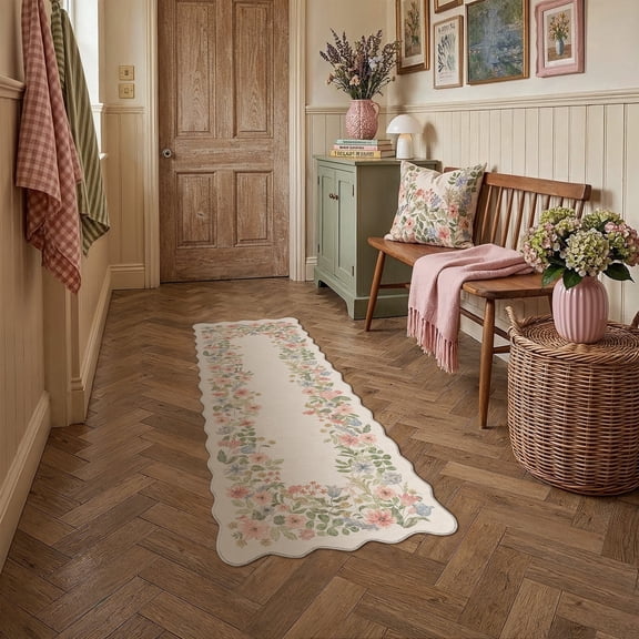 BERTHMEER 2'X6' Scalloped Runner Rug for Hallway Bedroom Beige Vintage Floral Bathroom Entryway Washable Soft Traditional Dorm Oriental Non-Slip Flower Runner Rug