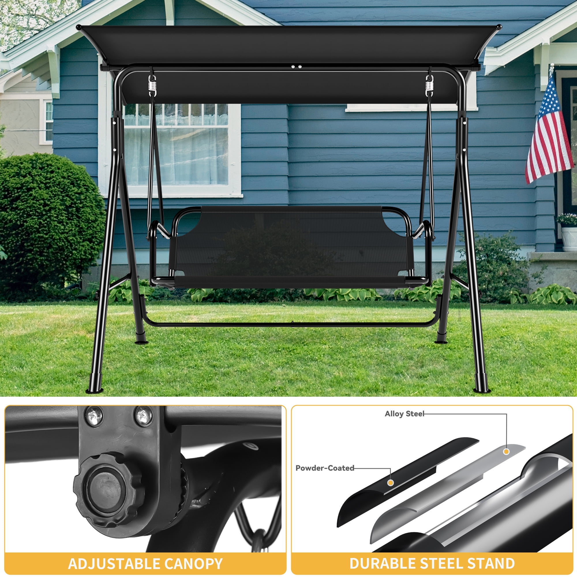 Dextrus 3-Person Outdoor Swing Chair with Canopy, Heavy-Duty Steel Frame, Weather-Resistant, Black