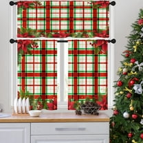 Kitchen Curtains Plaid Christmas Holly Berries Fir Tree Branches Valances and Window Curtains 3 Pcs Set Xmas Poinsettia Flower Mesh Short Tier Curtain for Room Small Kitchen Window Decor