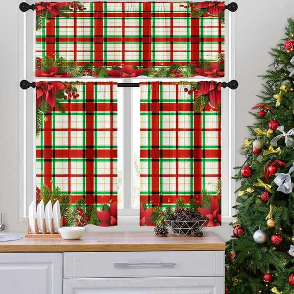 Kitchen Curtains Plaid Christmas Holly Berries Fir Tree Branches Valances and Window Curtains 3 Pcs Set Xmas Poinsettia Flower Mesh Short Tier Curtain for Room Small Kitchen Window Decor