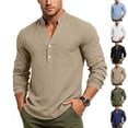 thumbnail image 2 of IAJDKMEK Men's Long Sleeve Henley T-Shirts - Solid Color Linen V-Neck Pullover Tee Button Down for Men with Relaxed Fit and Breathable Cotton Linen,Army Green L, 2 of 8