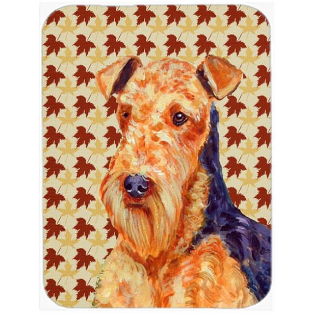 Carolines Treasures LH9111LCB Airedale Fall Leaves Portrait Glass Cutting Board- Large