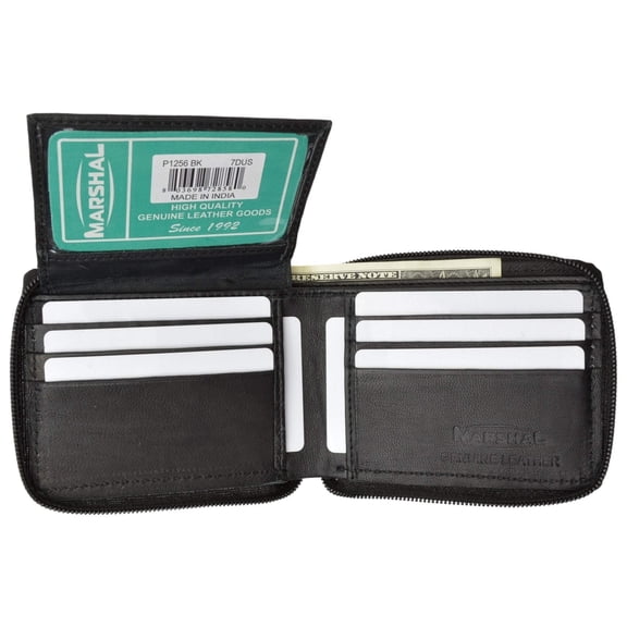 Zippered Bifold Mens Wallet Deluxe Credit Card Flip Genuine Lamb Leather P 1256 (C) Black
