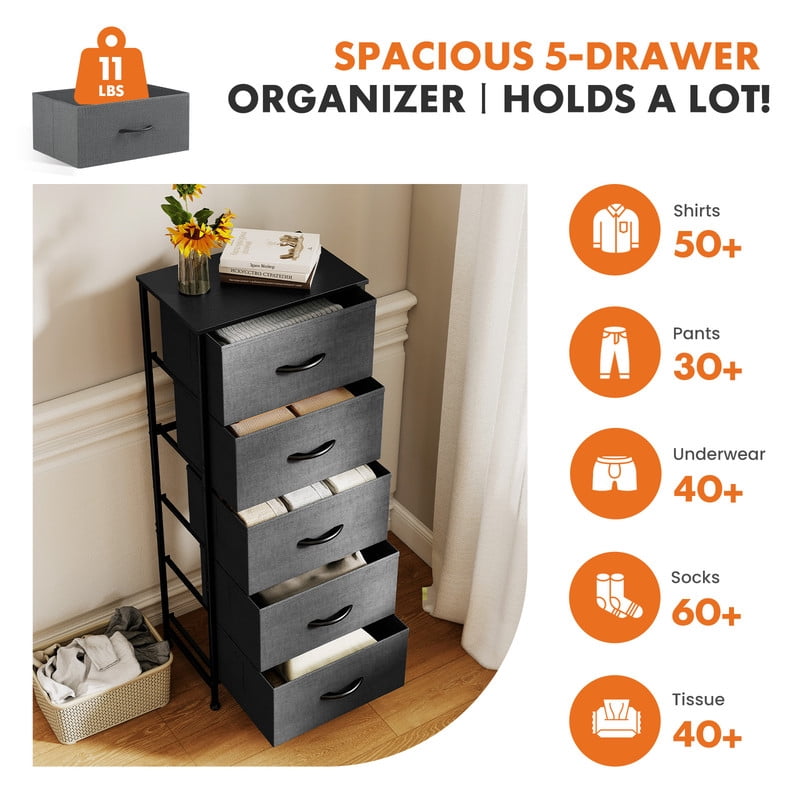 Gianna 5 Drawer Dresser with Fabric Bins, Sturdy Steel Frame and Wood Top, Storage Organizer Chest for Bedroom, Closet, Hallway, Gray