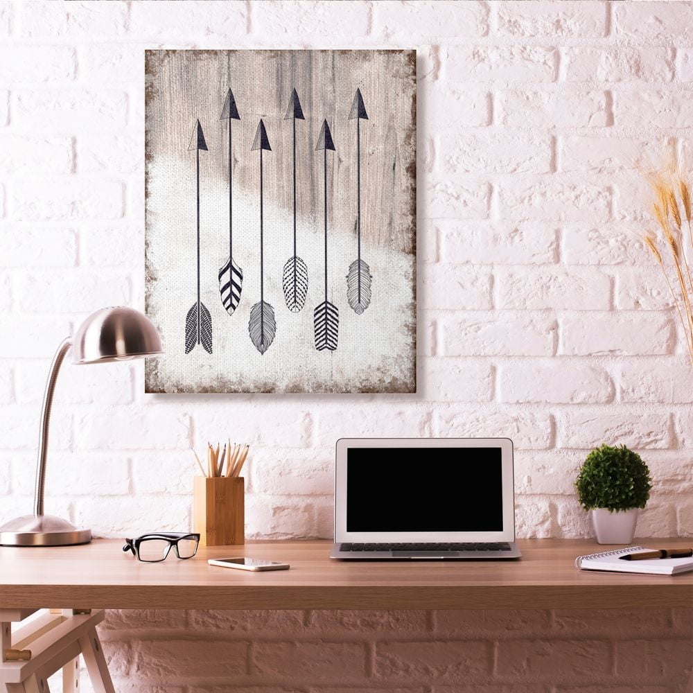 Tribal Arrow Feather Pattern Black And White Design Super Oversized Stretched Canvas Wall Art by Ziwei Li