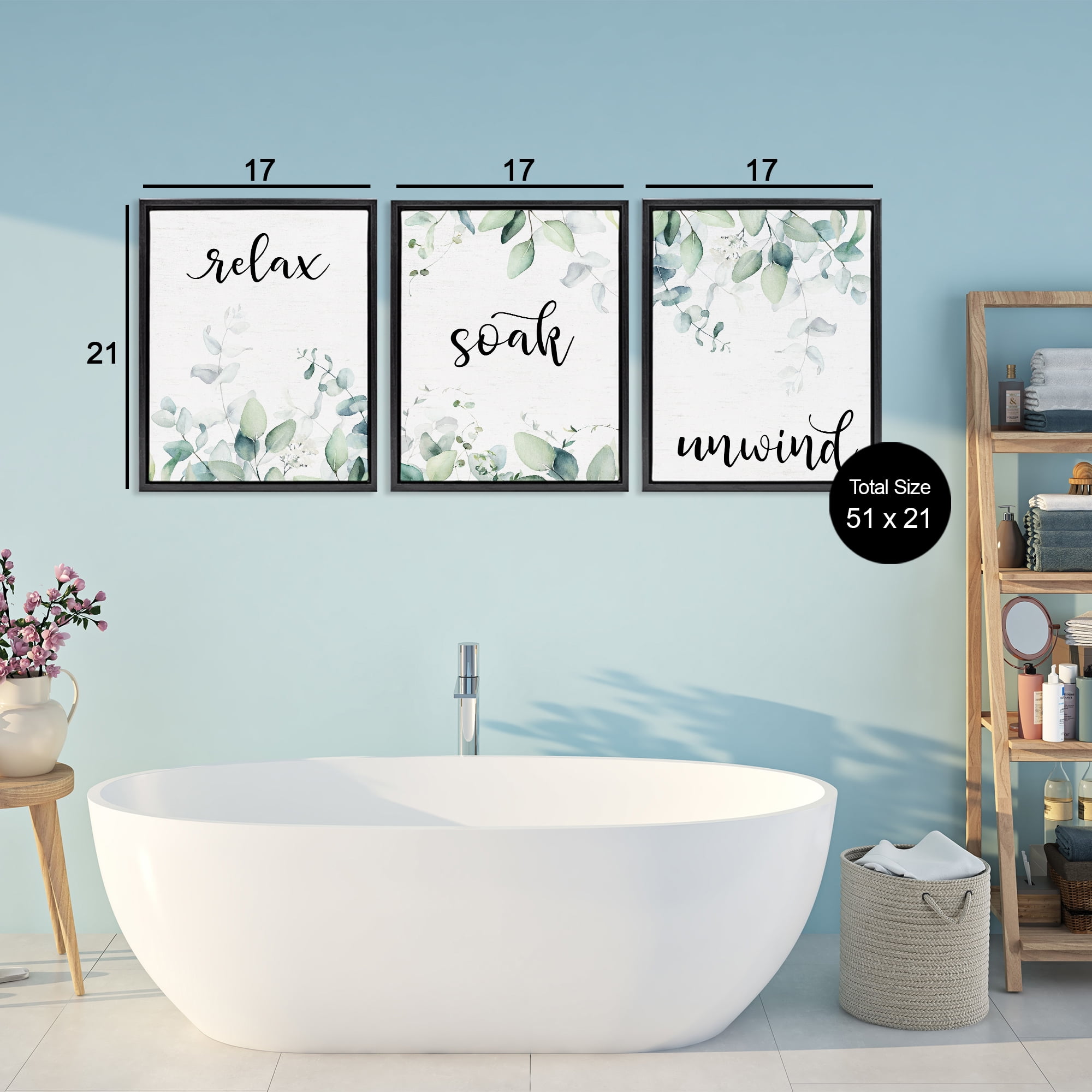 Leafy Bathroom Herbs 3 Piece Black Framed Floater Canvas Set, design by Lettered and Lined