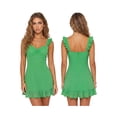 thumbnail image 2 of Vestido corto de verano para mujer, color liso, ribete de encaje, mangas acampanadas, escote en V, corte en A., 2 of 9