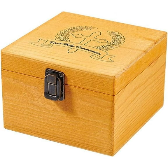 First Communion Storage Box Wooden Box with Lid Memory Box for Anniversary Jewelry Storage Organizer Case Keepsake Box Gift Box for Birthday Christmas 5.7x5.7x3.9 inches (Orange)