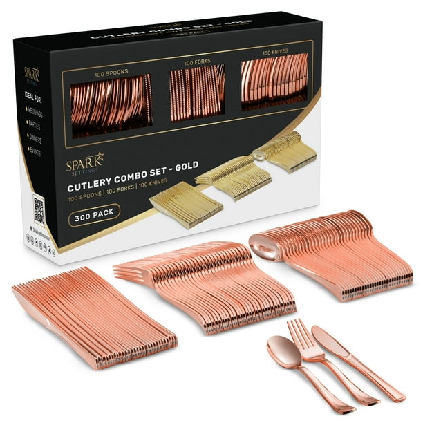 Rose Gold Plastic Silverware Heavy Duty, 300 Rose Gold Utensils Set
