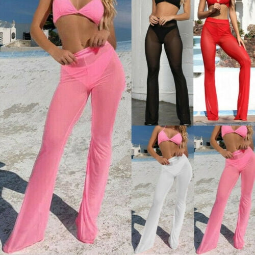 YiZYiF Womens Mesh See Through Flared Pants Swim Trousers Beach Pants Bikini Cover Ups Swimsuit
