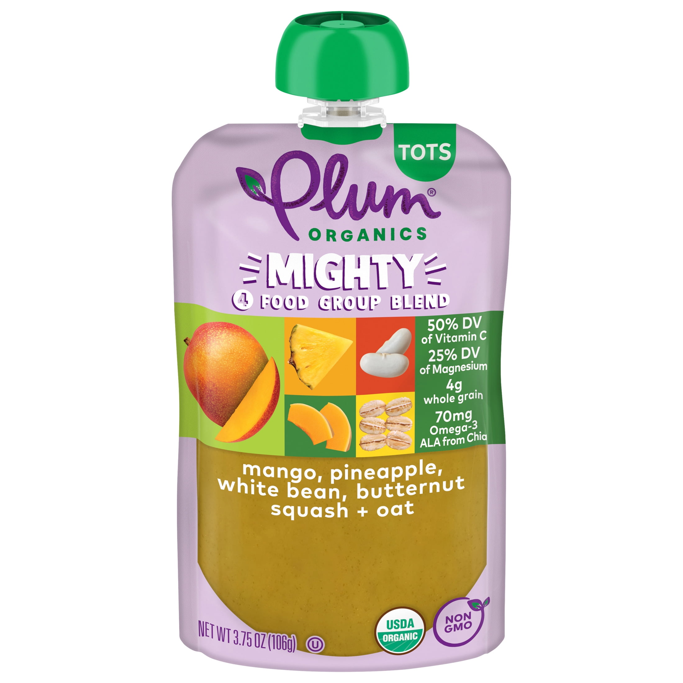 (12 pack) Plum Organics® Mighty 4 Food Group Blend Mango, Pineapple, White Bean, Butternut Squash + Oat 3.75oz Pouch