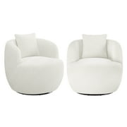 BELLEZE Wide Swivel Barrel Chair, Modern Round Boucle Swivel Armchair Curved Backrest Upholstered 360Swivel Sofa Accent Chair w/ Pillow, Comfy Swivel Accent Chair for Living Room [Set of 2] - White