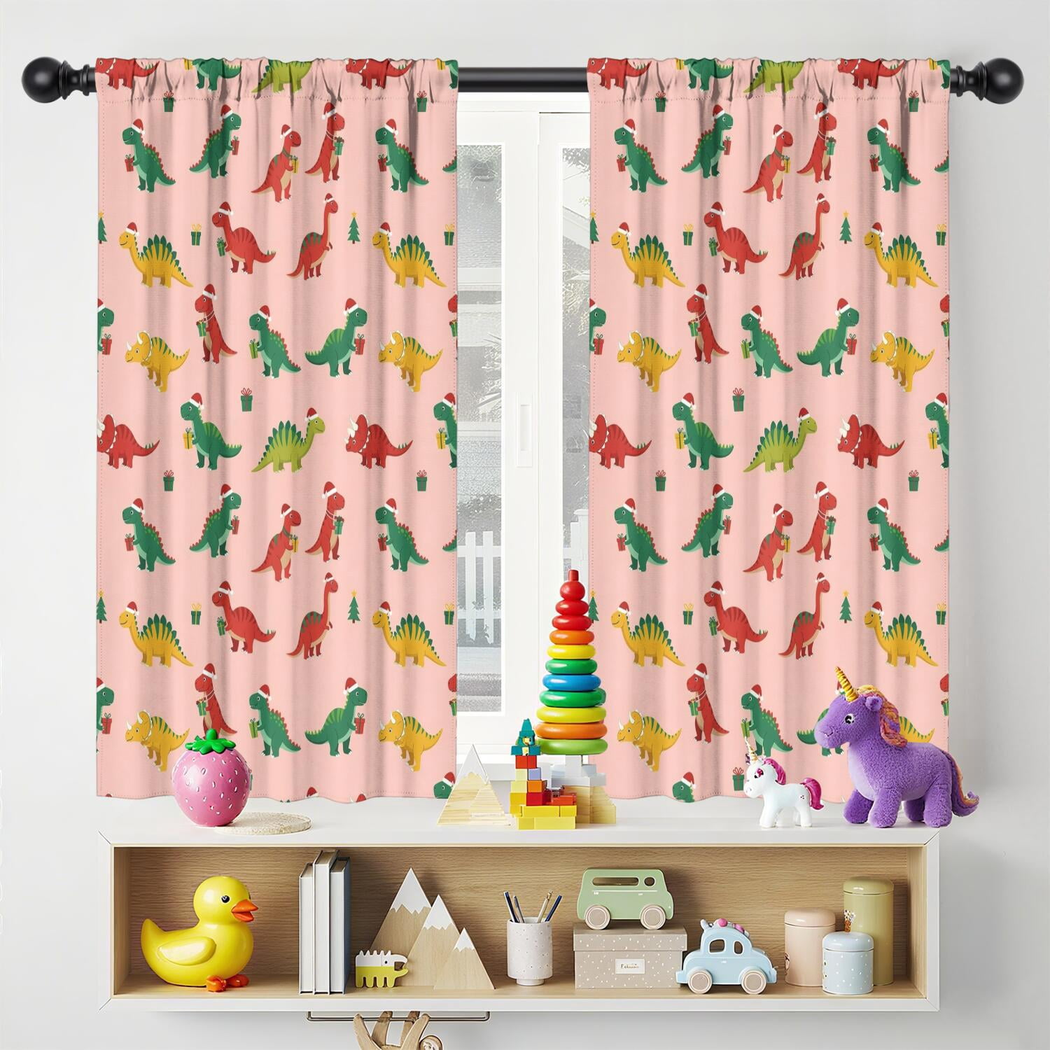 Blackout Kids Curtains,Pink Christmas Dinosaurs Pattern Childrens Insulated Curtains Set Of 2,Bedroom Essentials,Toddler Room Decor 42"x54"