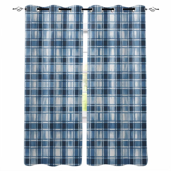 Blue Plaid Blackout Curtains 54 Inch Length 2 Panels Set for Living Room Bedroom, Modern Simple Watercolor Buffalo Lattice Room Darkening Window Curtains Thermal Insulated Black Out Curtain 52"x54"