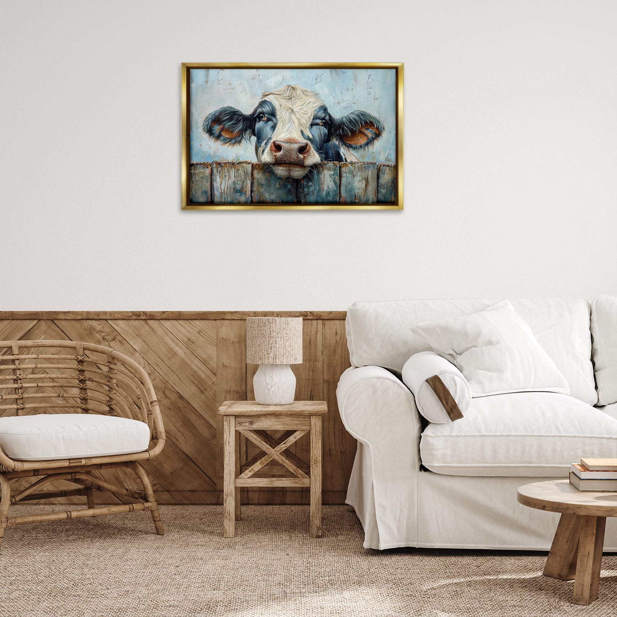 Stupell Industries Howdy Neighbor Cow Animals & Insects Painting Gold Floater Framed Canvas Art Print Wall Art, 31 x 21