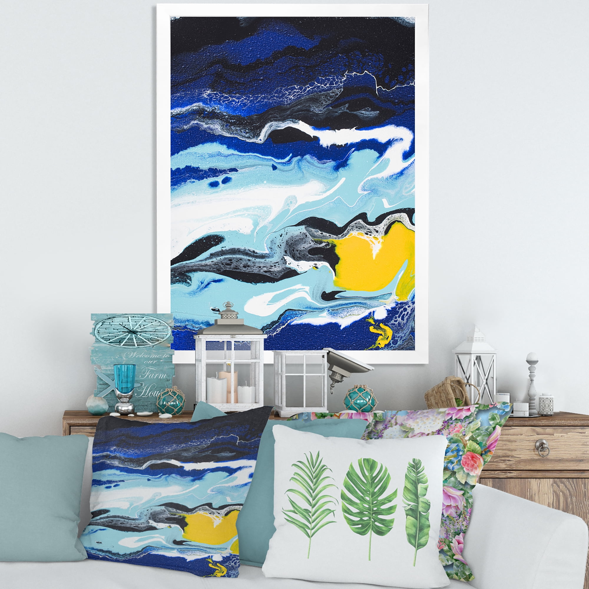 Designart 'Abstract Composition In Blue and Yellow VIII' Modern Framed Art Print