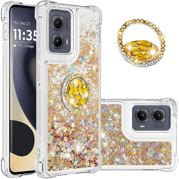 Case for Motorola Moto Edge 5G 2024 Case Glitter Liquid with Ring Kickstand, Cute Clear Flowing Quicksand Soft TPU Protective Grils Women Bling Case for Moto Edge 5G 2024 Gold YBR