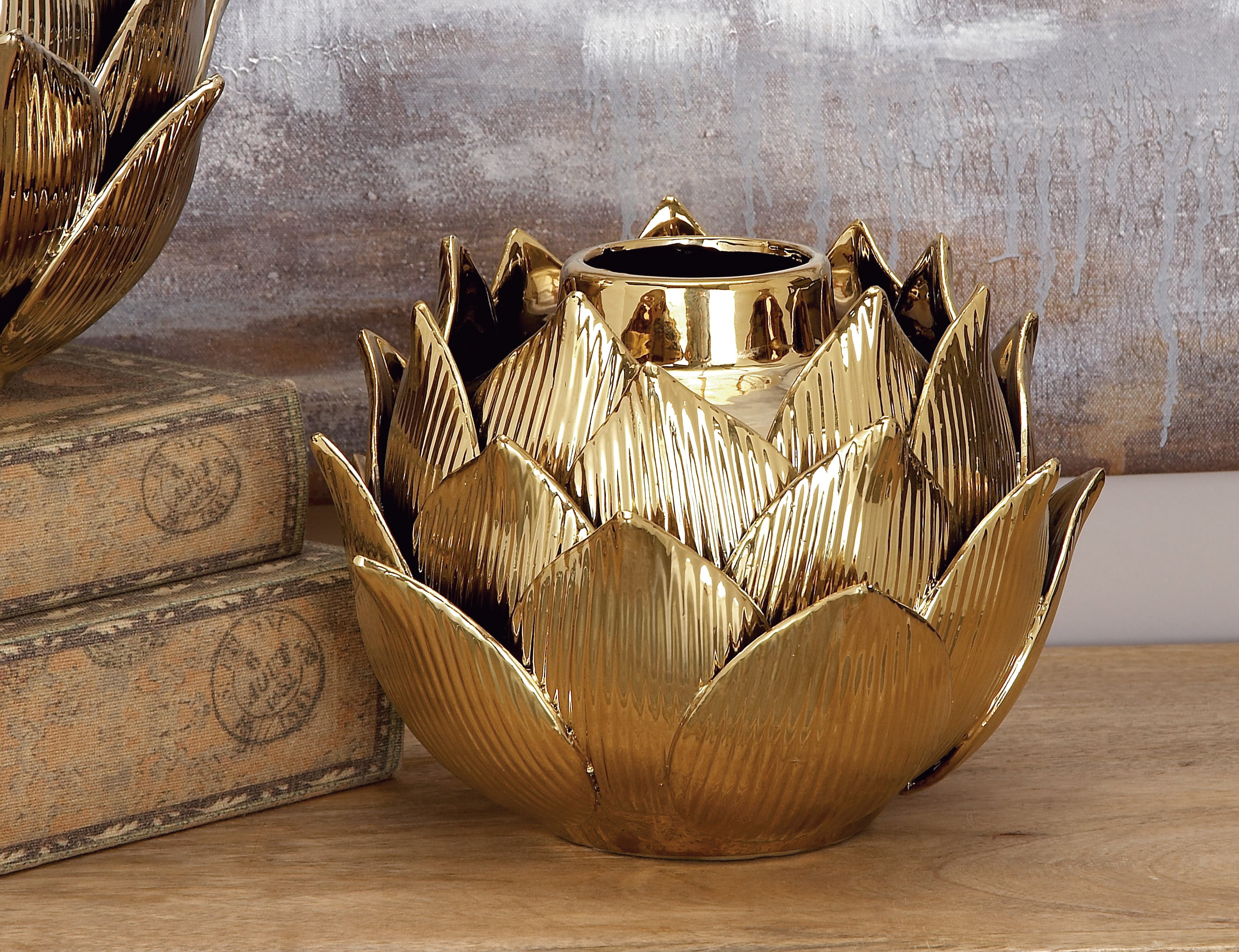 DecMode Modern 8 Inch Gold Petals and Bud Design Ceramic Vase 