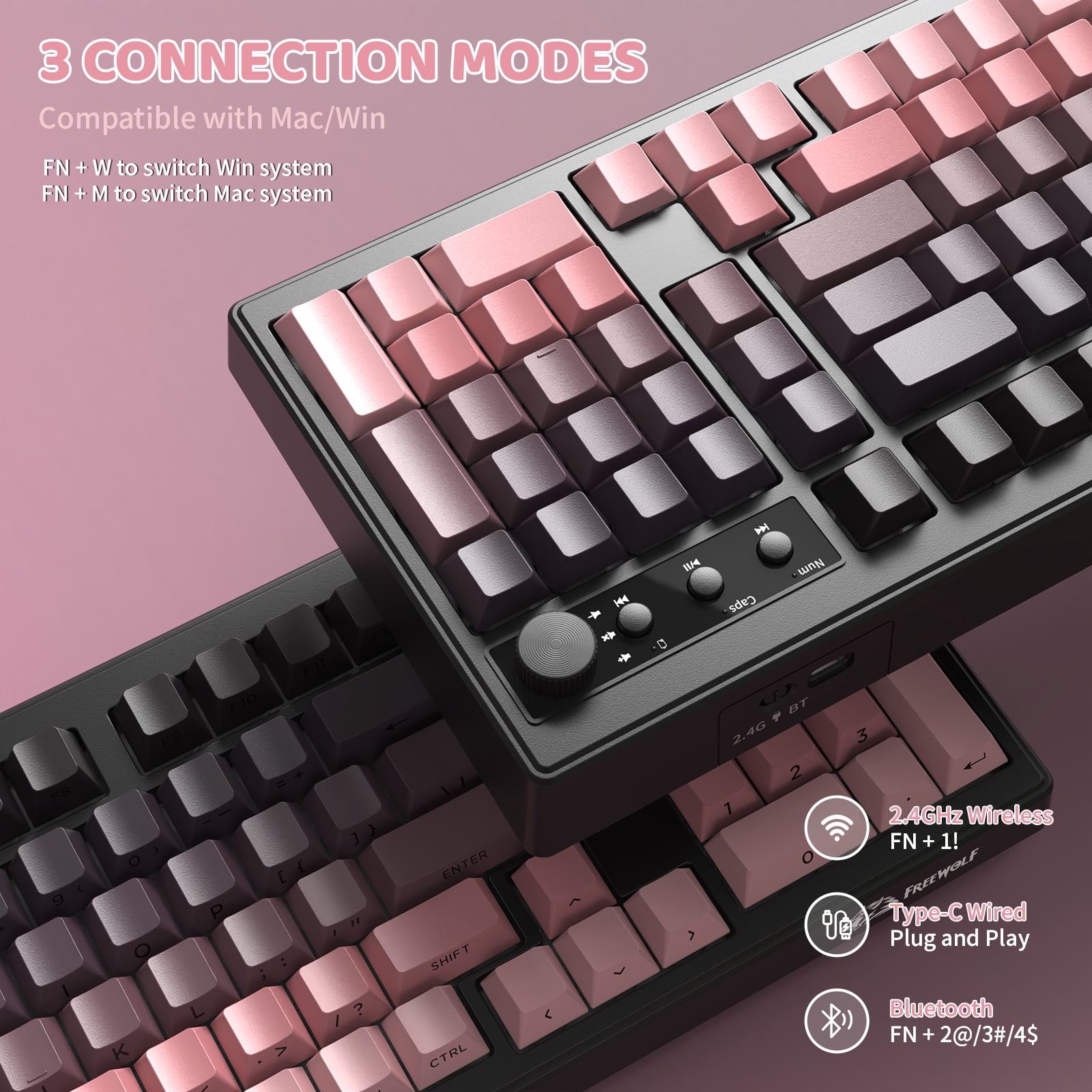 Freewolf-ZIYOULANG K100 Gaming Membrane Wireless 99 Keys Tri-Mode BT/2.4GHz/USB-C Computer Keyboard with Accessories Included, Pink
