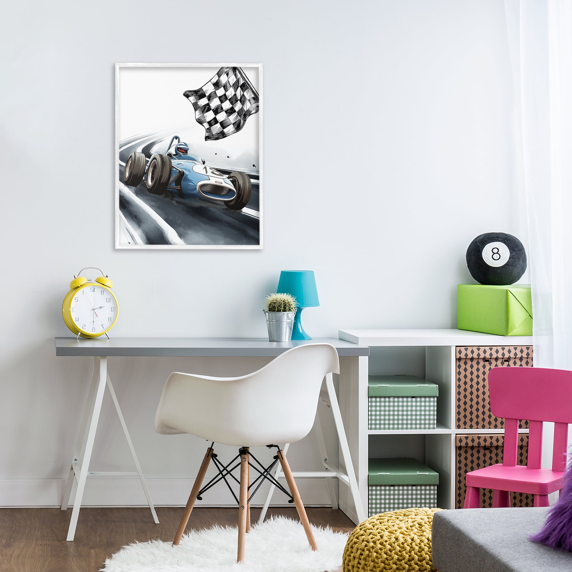 Stupell Industries Dynamic Racecar Driving White Framed Giclee Art, design by Christine Simpson Art