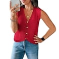 thumbnail image 2 of Women's Sleeveless Button Down Cropped Sweater Vest Cardigan Waistcoat, Scalloped V Neck Knit Vest for Women, Cropped Hollow Out Sweater Vest, Lightweight Textured Knit Beach Vacation Layering Red, 2 of 5