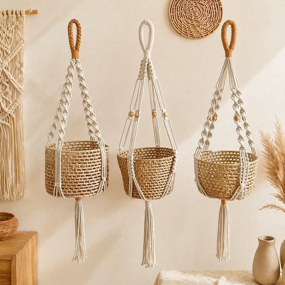 3pcs Macrame Plant Hanger Indoor Set, Boho Decor Hanging Planters for Indoor Plants, Cotton Rope Hanging Planter Basket Flower Potwith Tassels, 35.4in, Natural Beige, for Living Room/ Balcony/ Office