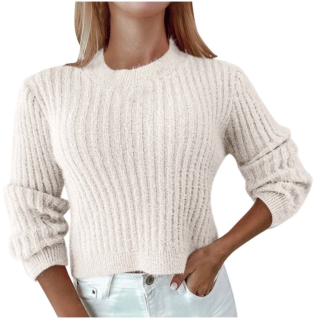 Chandail Texturé pour Femmes, Mode, Confortable, Décontracté, Couleur Unie, Manches Longues, Col Rond, Tenue d'Automne pour Femmes, P-111 Beige M