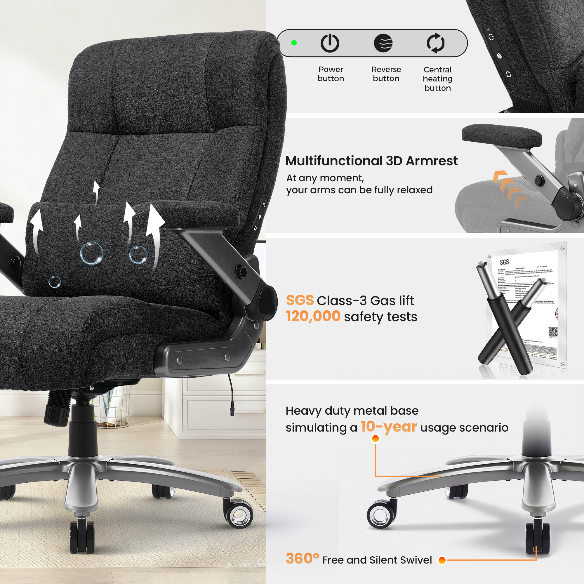 EOP 23.62'' Extra Wide Office Chair, 600 Lbs Big and Tall Executive Office Chair with Heat and Kneading Massage, Ergonomic Computer Chair with 3D Flip-up Arms, Black
