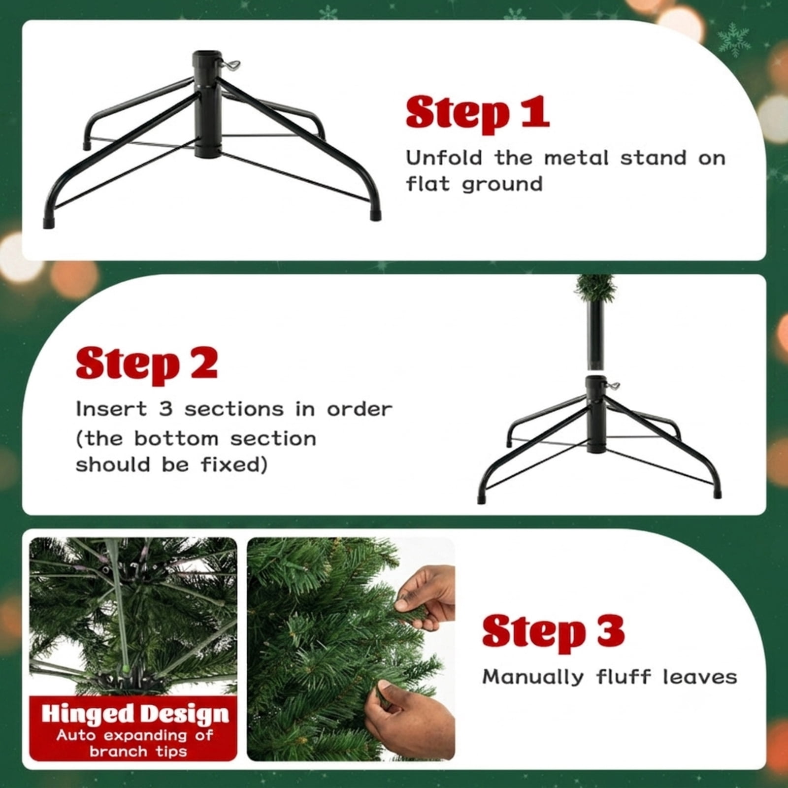 RUIE 7 ft Hinged Christmas Tree, Pre-Lit Green Artificial Xmas Tree with 700 LED Lights, 1188 Branch Tips and Foldable Metal Stand