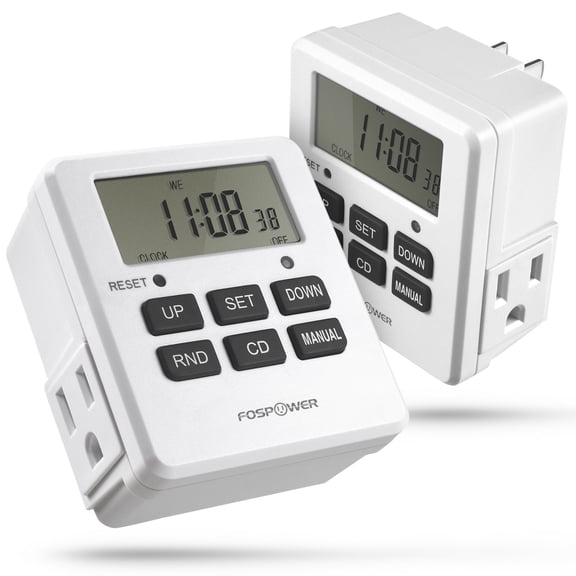 Fospower 2-pack 7 Day Digital Timers for Electrical Outlets Indoor, Heavy Duty Dual Programmable Outlet Light Timer Switch, Electric Power Wall Timer for Grow Light, 3 Prong, 15A/1875W, Grounded