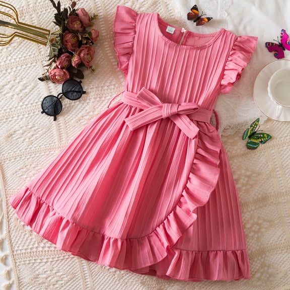 Girl's Dresses Children Fly Sleeve Solid Bowknot Kids Clothes