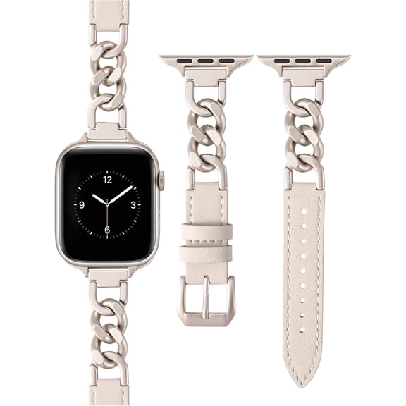 KOMI Leather Band Compatible with Apple Watch Band 41mm 40mm 38mm 49mm 45mm 44mm 42mm Women, Fancy Leather Strap Stainless Steel Cowboy Chain Bracelet for iWatch 10/9/8/7/6/5/4/3/2/1/SE/Ultra 2