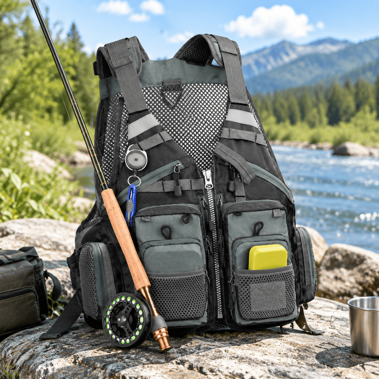 Gray+black One Size Fly Fishing Vest with 18 Pockets Adjustable Fit