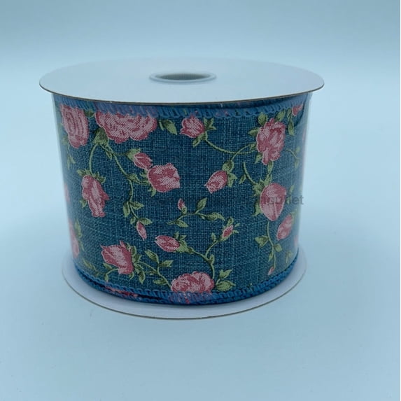 Denim Linen/Pink Roses, 2.5"X10Y Q921640-03