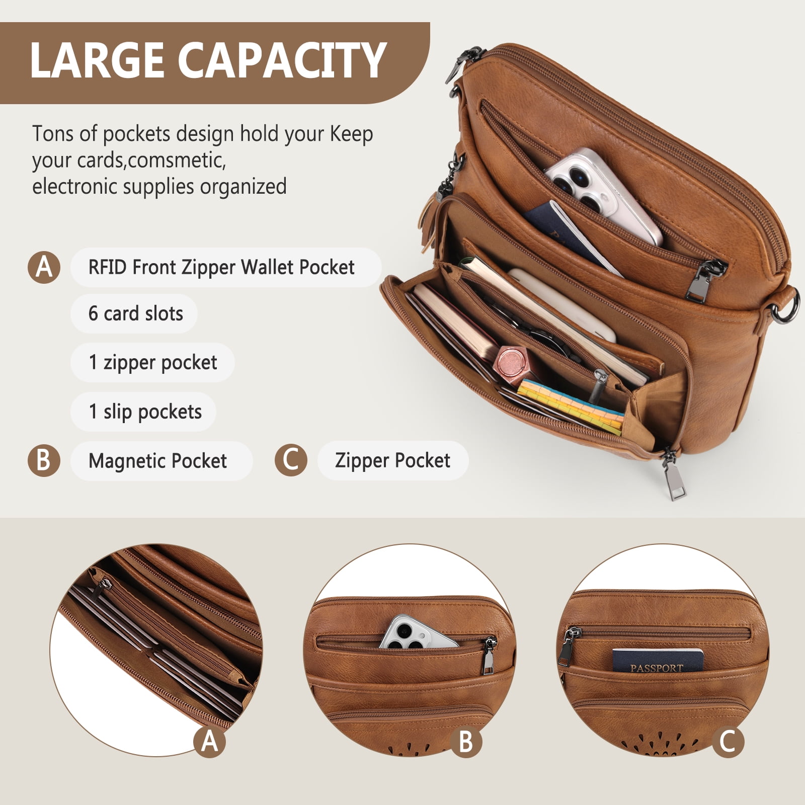 RAINSMORE Crossbody Bags for Women Leather Crossbody Purse Designer Womens Shoulder Handbags Trendy Cross Body Purse,Brown