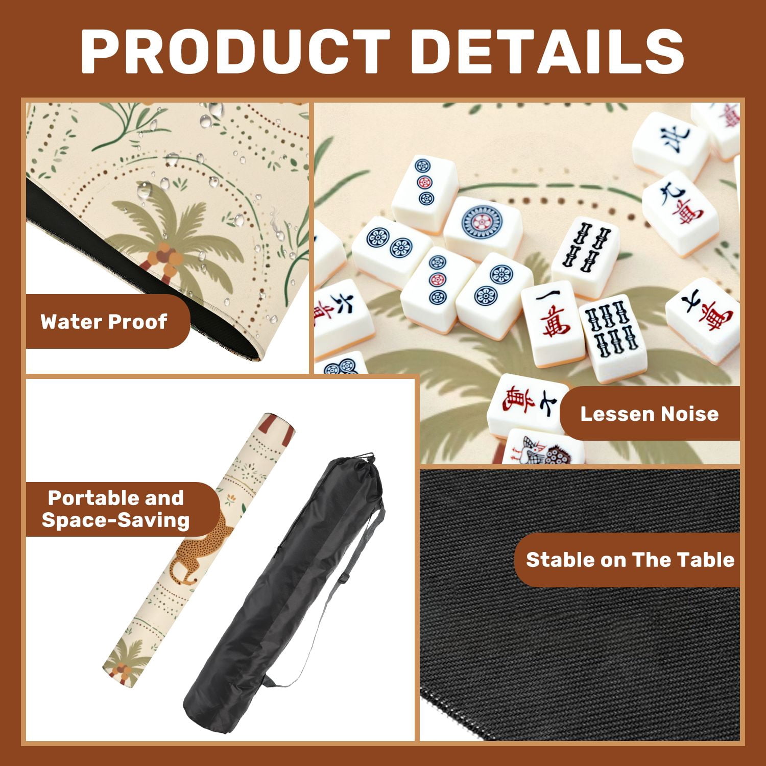 Mahjong Mat 31.5" x 31.5" Summer ceramic tile tropical palm tree leopard animal checkered round Non-Slip Noise Reduction American Mahjong Tiles Table Cover for Dominoes Poker Card Board Games Gift