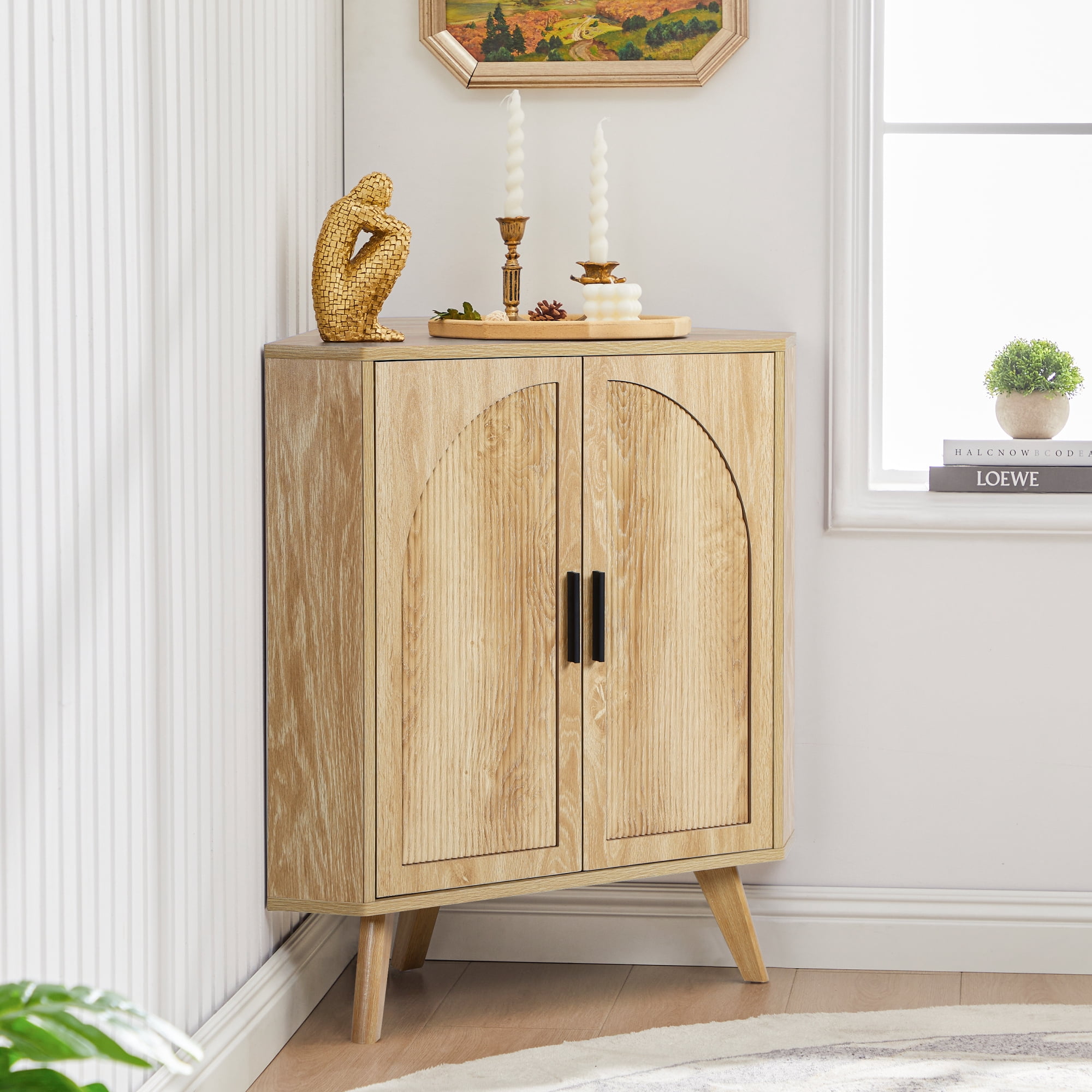 Fluted Corner Cabinet with 2 Doors & Adjustable Shelves, Space-Saving Floor Storage Cabinet for Bathroom, Kitchen, Living Room, Modern Freestanding Organizer (Oak)