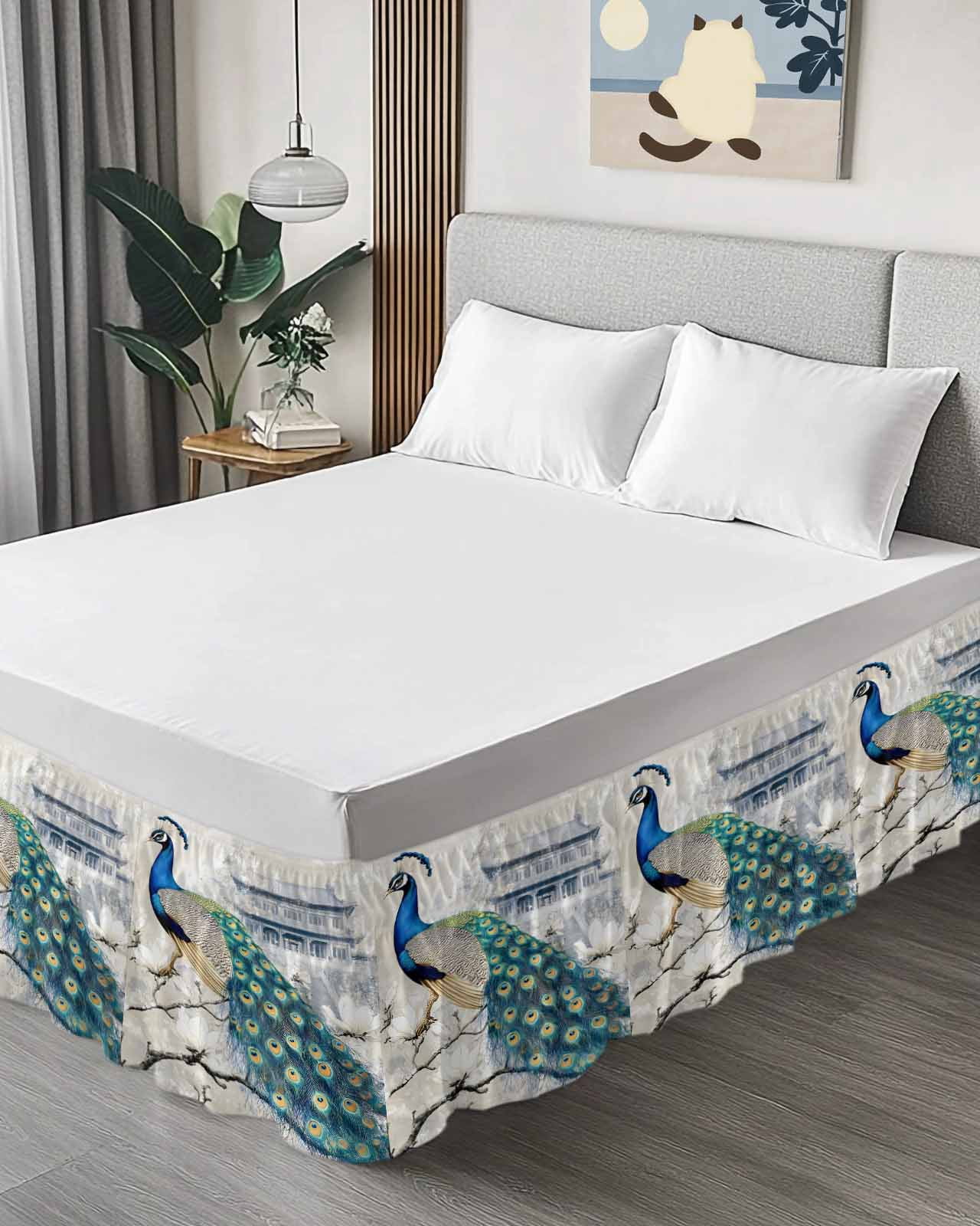 Elegant Peacock Wrap Around Bed Skirts for Queen Bed 16" Drop,Bed Skirt with Adjustable Elastic Belt Dust Ruffle Bed Valance for Bedroom Hotel Vintage Attic Magnificent Feathers Bed Frame Cover