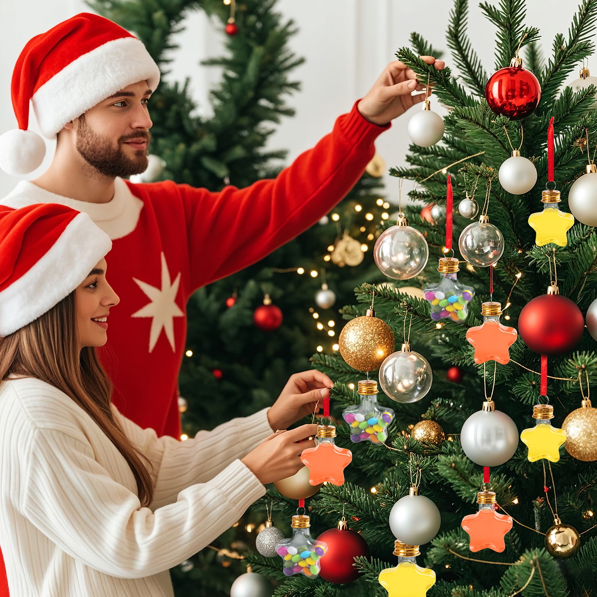 Fillable Christmas Ornament Drink Balls, 6-Pack 50ml Clear Plastic Star-Shaped Hanging Decorations for Holiday Trees and White Elephant Gifts